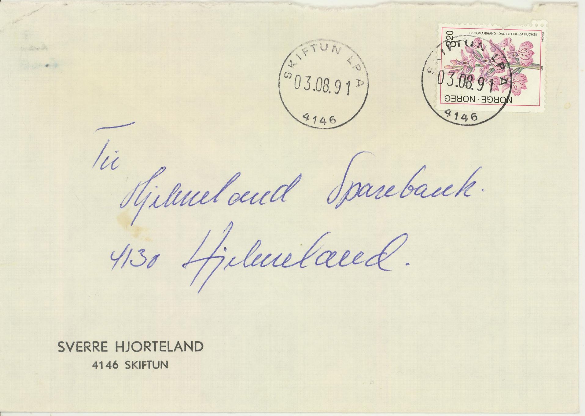 Landpostbud. Brev pent stemplet SKIFTUN LP A / 4146 / 03.08.91