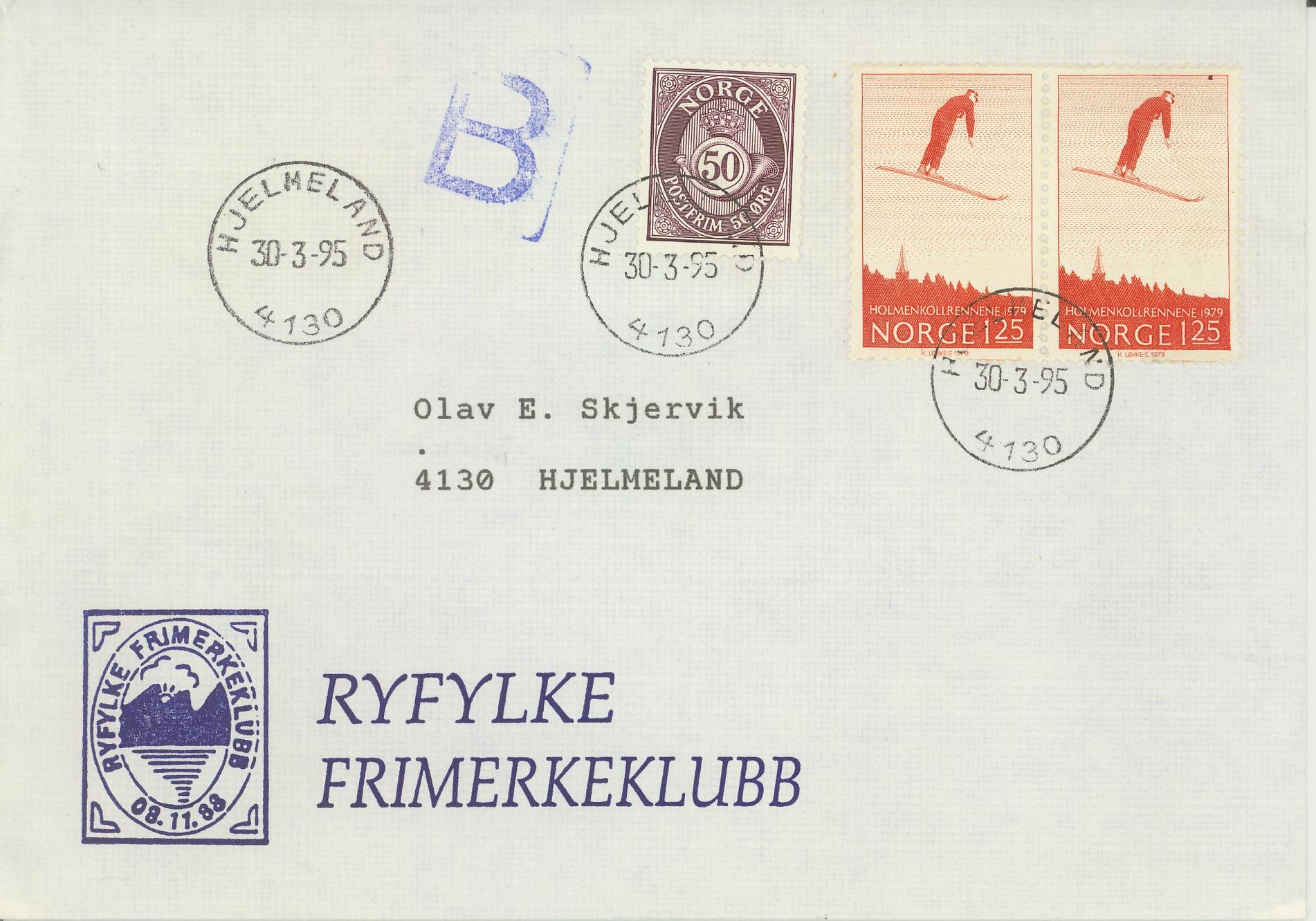 Trykksaker (B-Post). Brev pent stemplet HJELMELAND / 4130 / 30-3-95