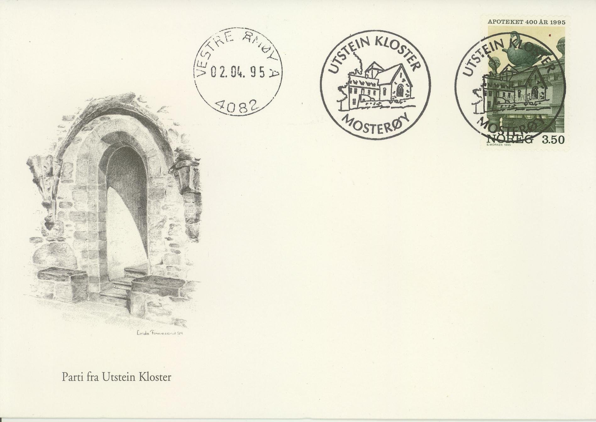 NK 1221 med særstempel UTSTEIN KLOSTER / MOSTERØY, sidestemplet VESTRE ÅMØY A / 4082  / 02.04.95