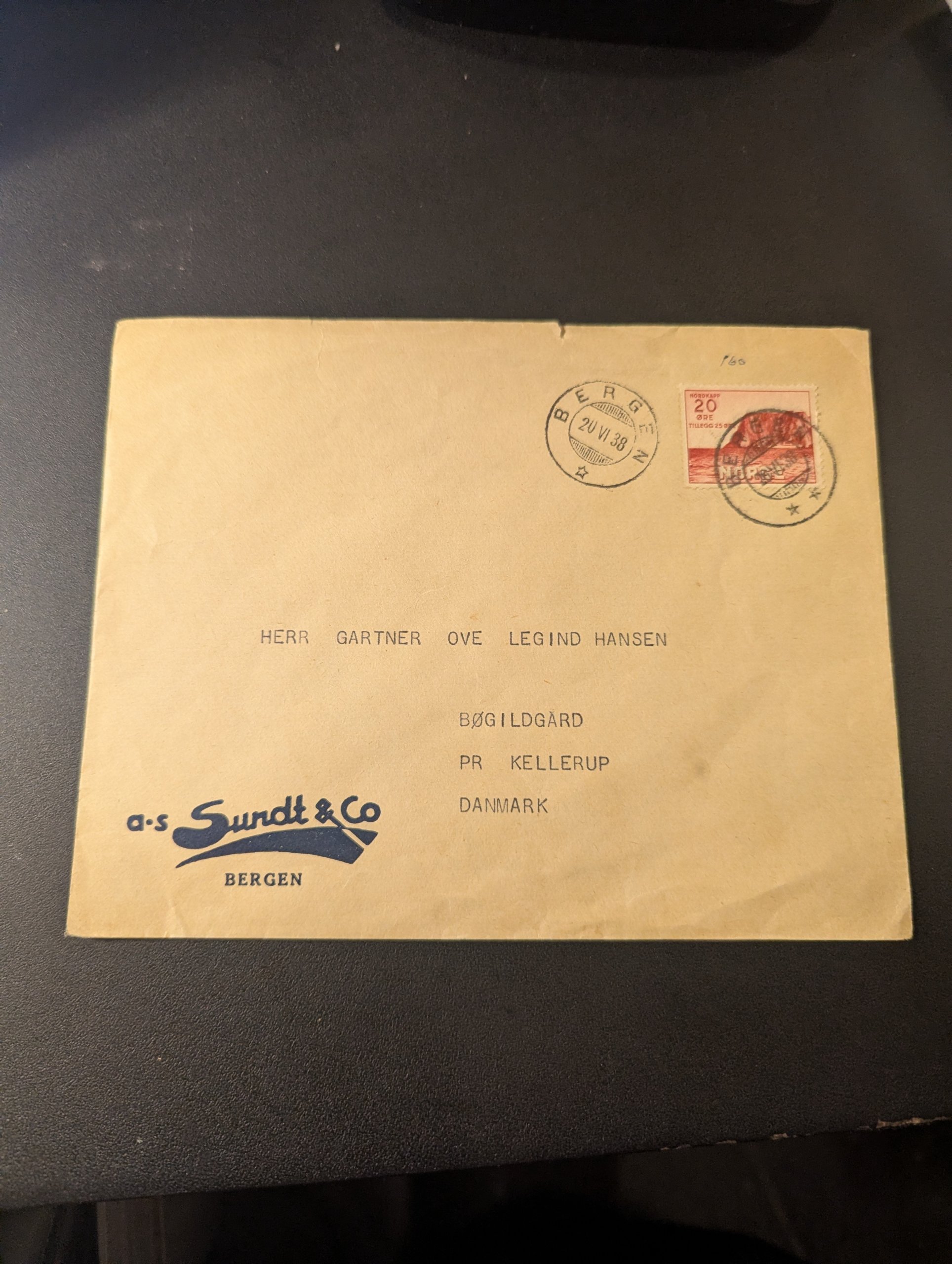 NK 223 FØRSTEDAGSSTEMPLET BERGEN 20.6.1938