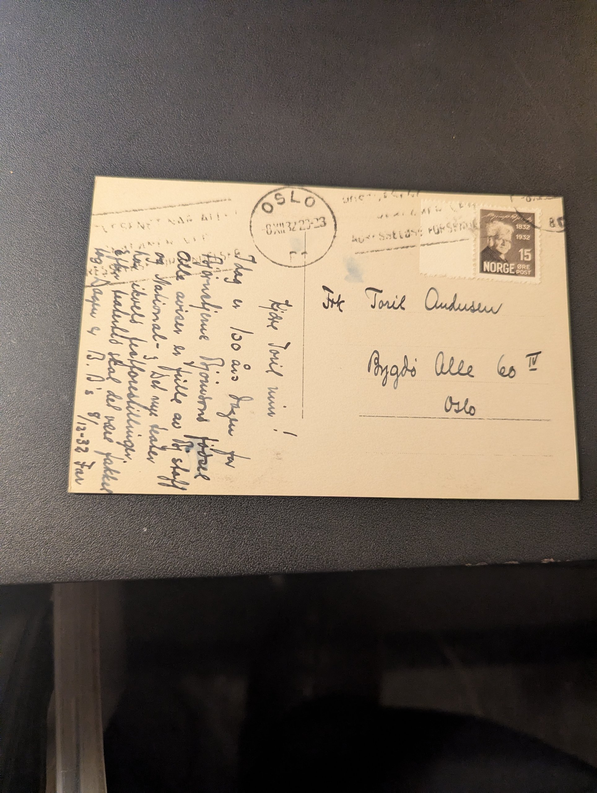 FDC NK 186 PÅ KORT STPL OSLO DEN 8 XII 32.