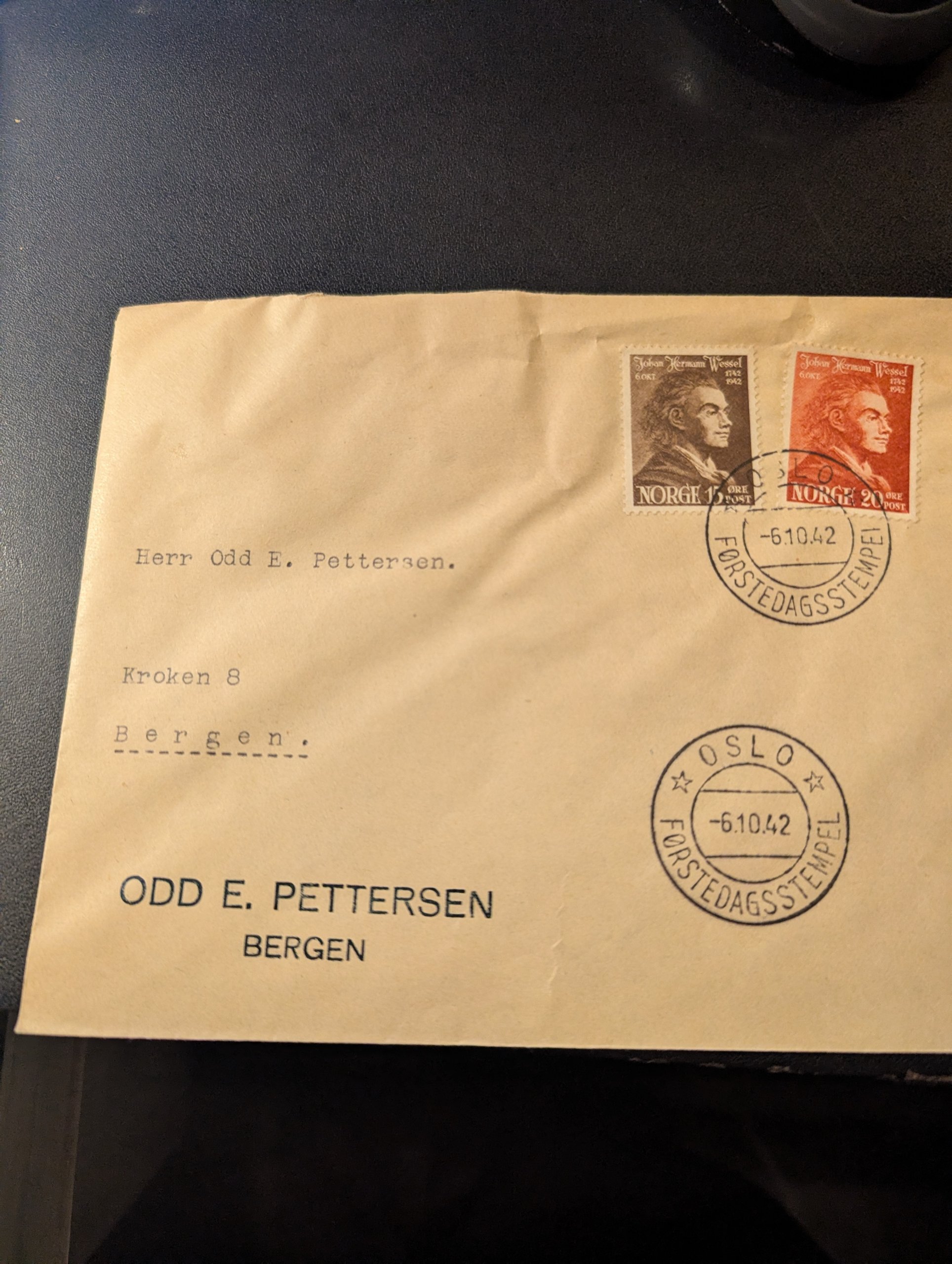 FDC "JOHAN HERMAN WESSEL". FRANKERT MED NK 307 OG NK 308.