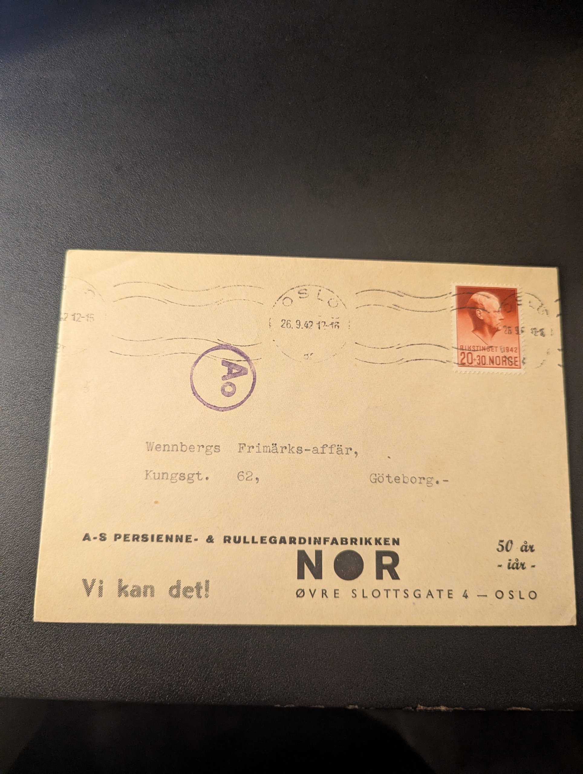 FDC "RIKSTINGET". FRANKERT MED NK 306 STPL OSLO 26.9.42.