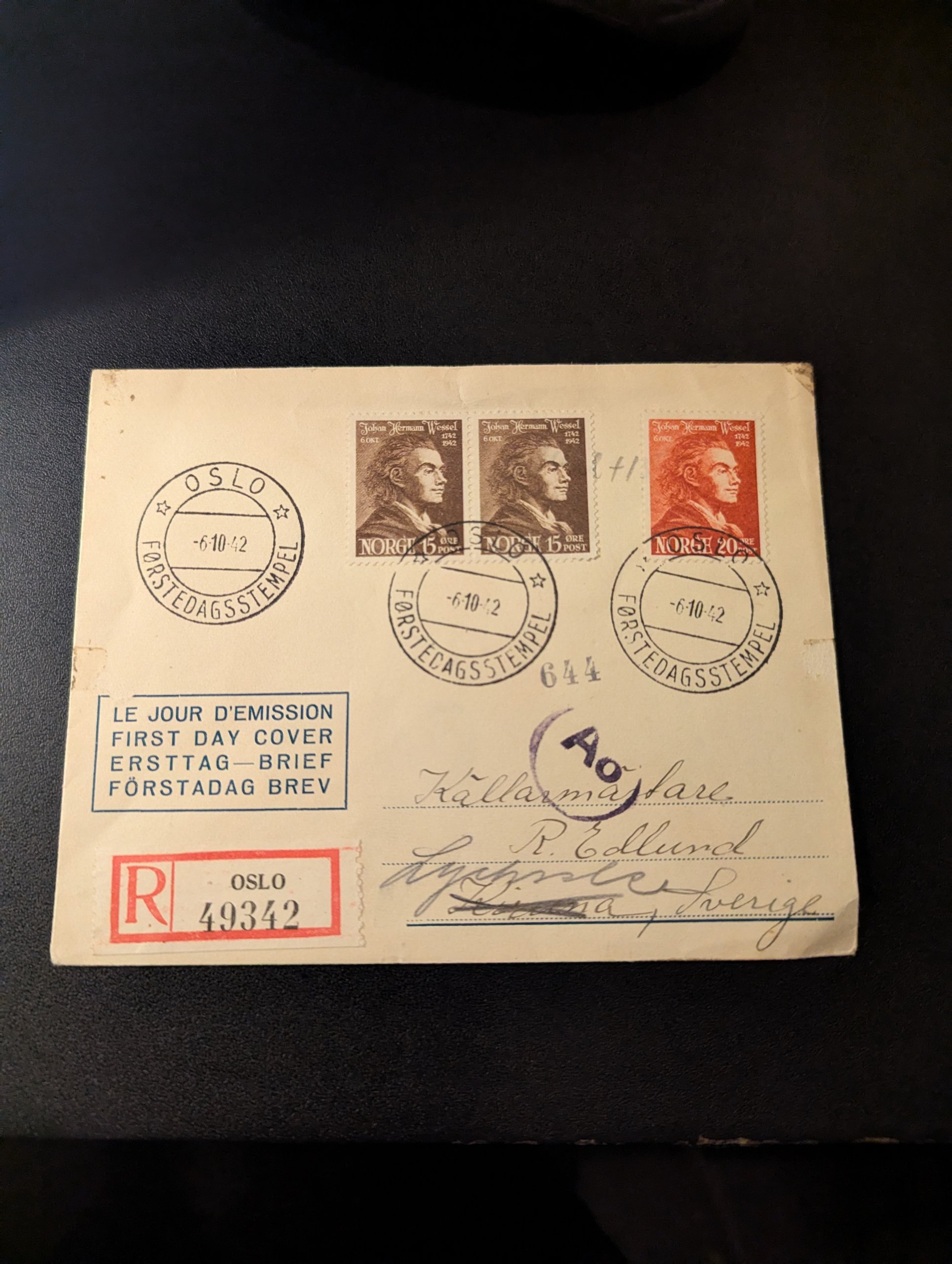 FDC JOHAN HERMAN WESSEL. 6-10-42.