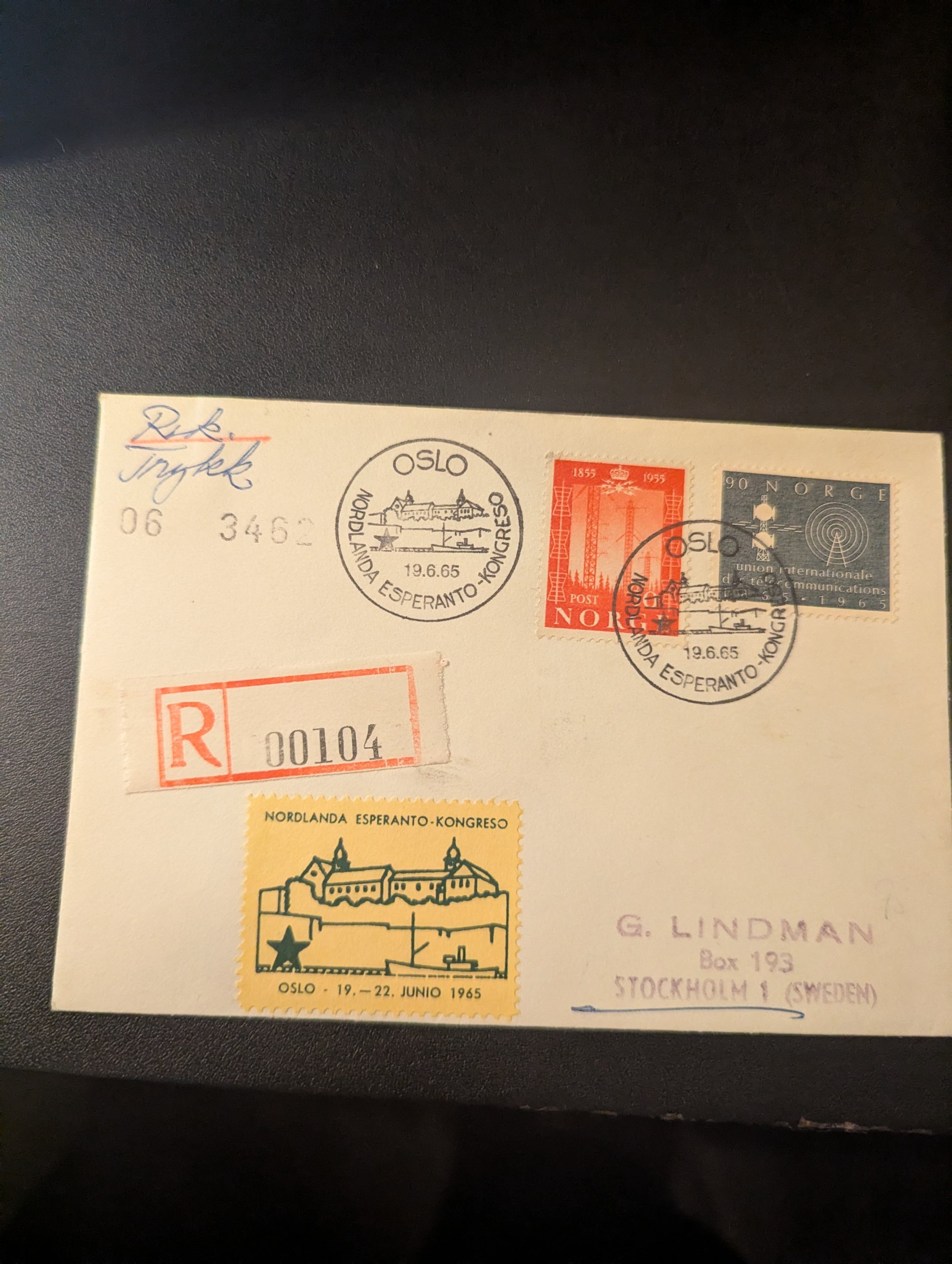 NORDLANDIA ESPERANTO-KONGRESS STPL OSLO 19.6.1965 (IKKE FDC)