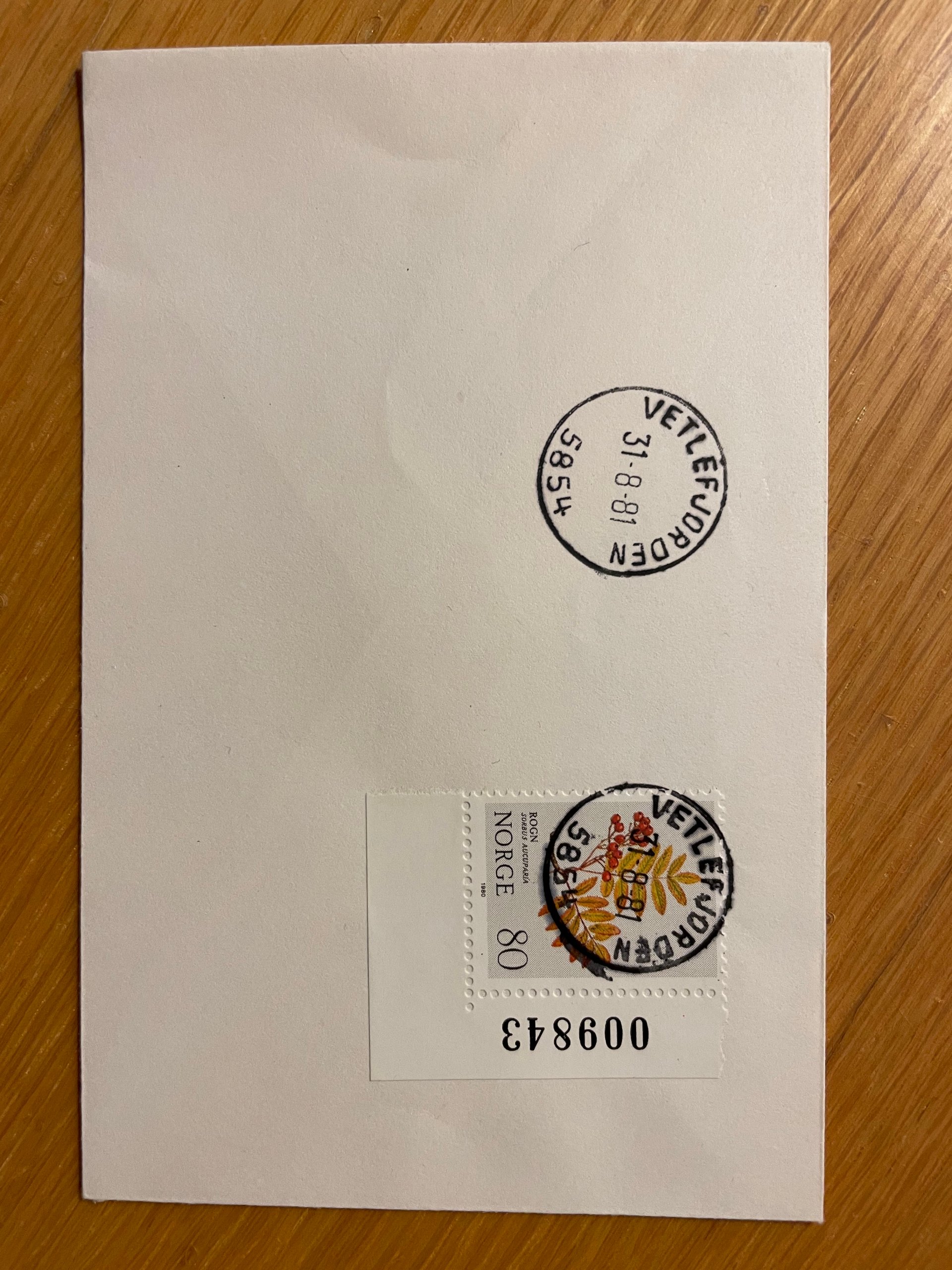 5854 Vetlefjorden 31-8-81 (sistedagstemplet konvolutt)