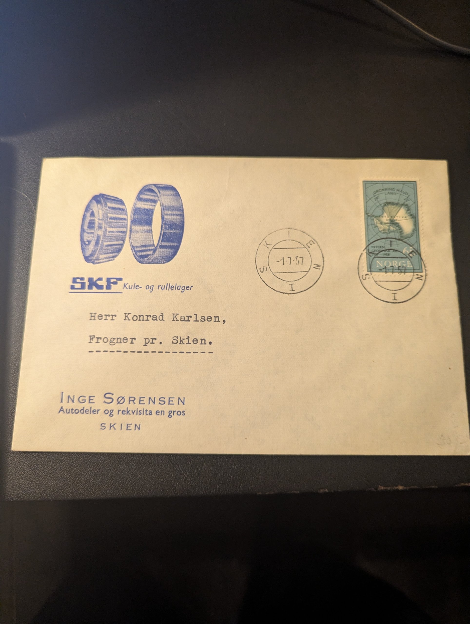 FDC GEOFYSISK ÅR. STEMPLET SKIEN DEN 1-7-57.