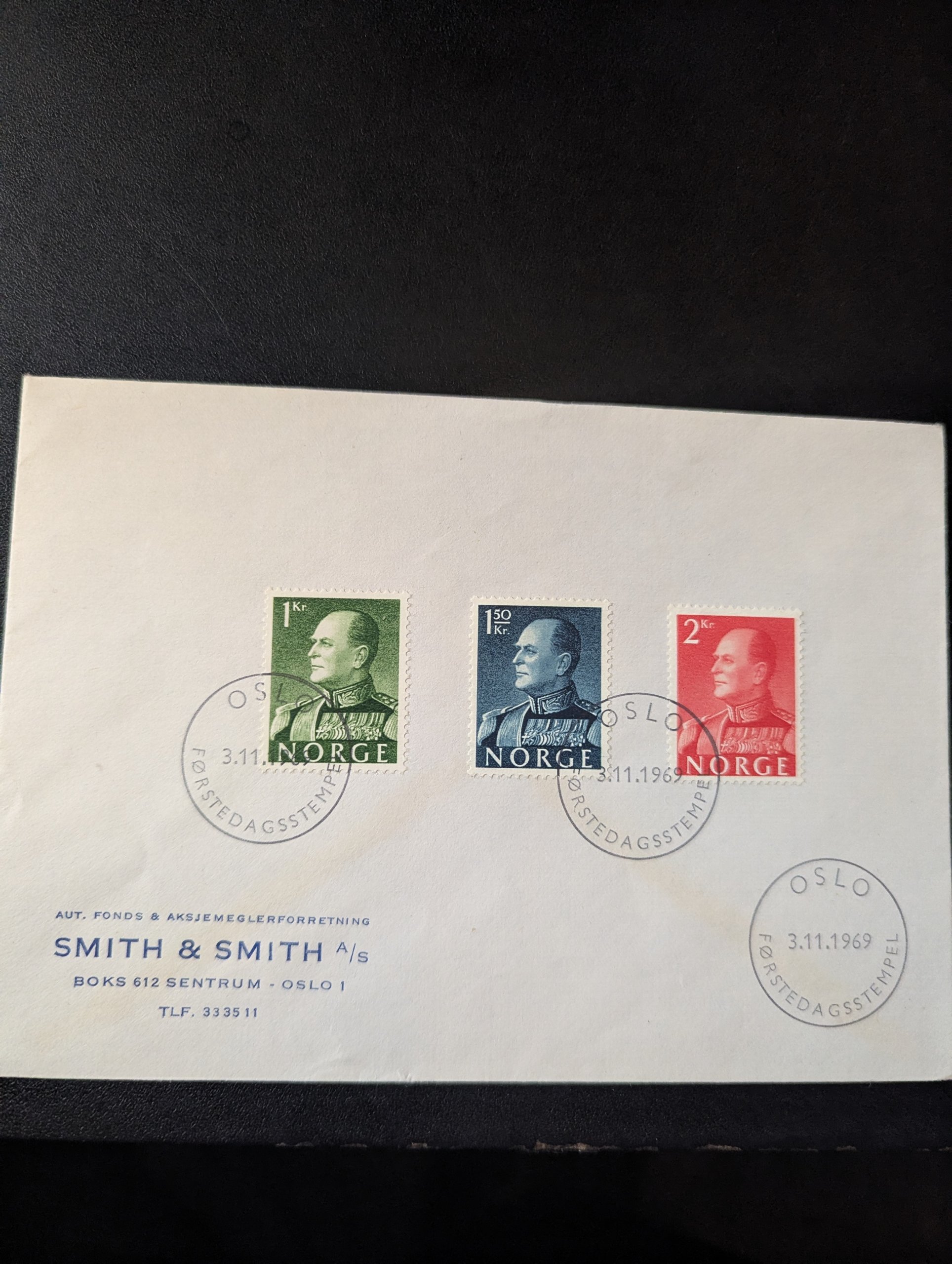 FDC KRONEMERKER OLAV V ( FOSFORESCERENDE PAPIR). STP 3-11-69