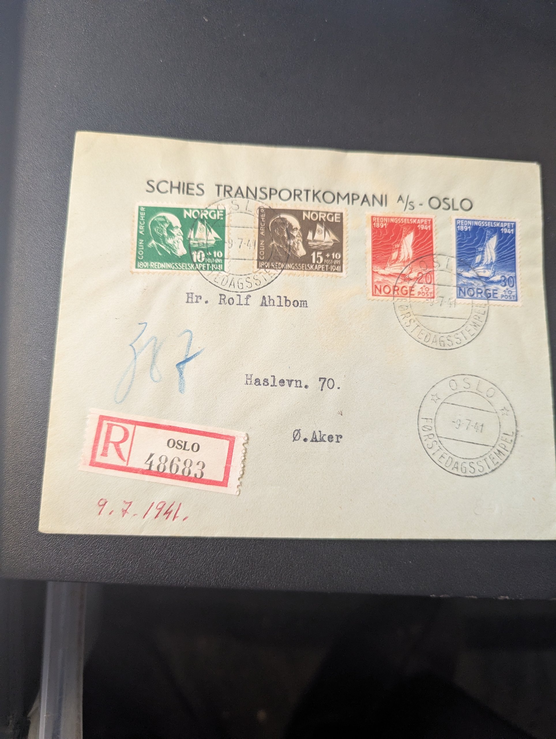 FDC "REDNINGSSELSKAPET 50 ÅR". FØRSTEDGSSTEMPLET 9-7-41.