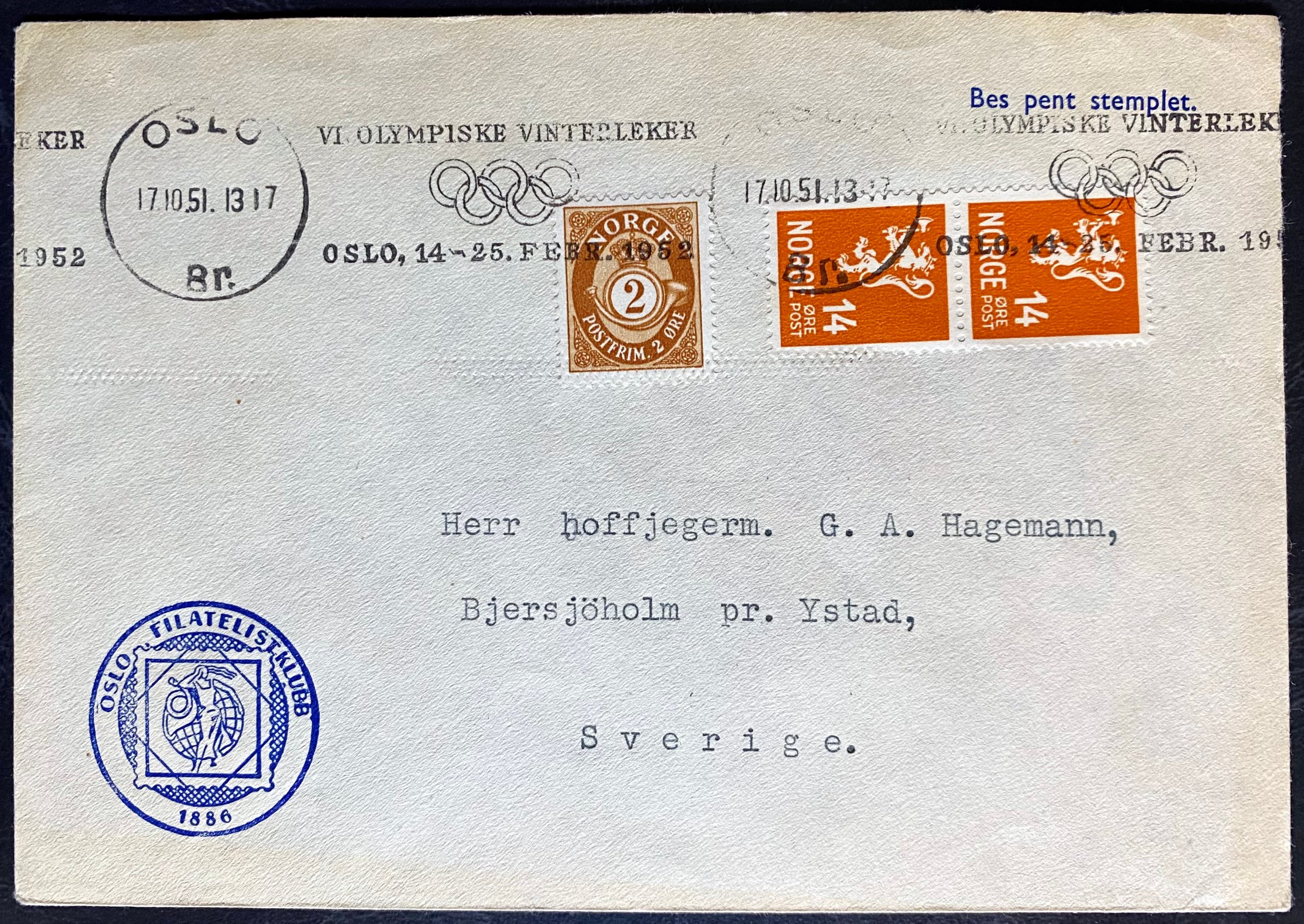 Brev OL i Oslo - Oslo FK År 1951 Adr Sverige