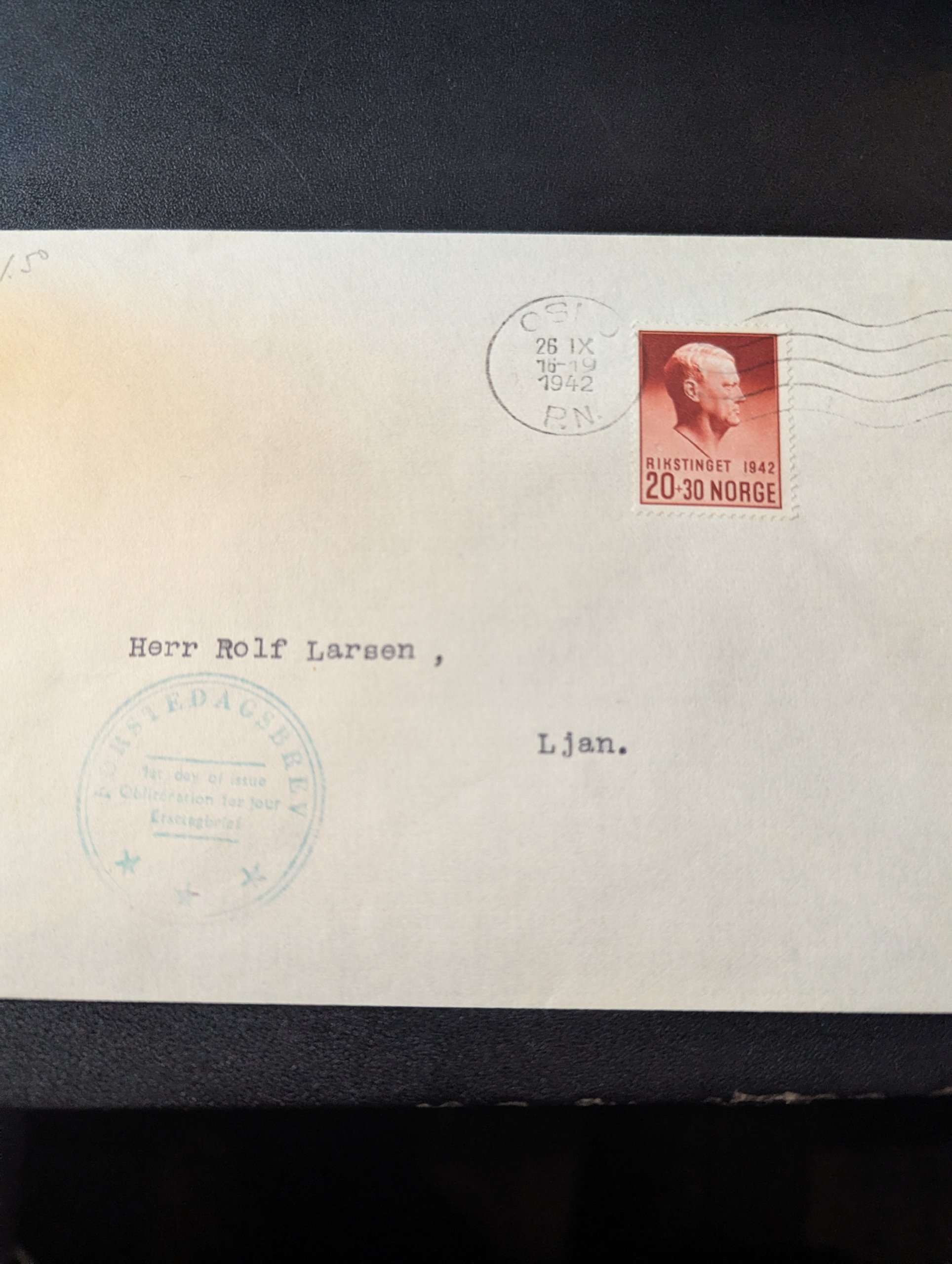 FDC "RIKSTINGET 1942" STPL. OSLO 26 IX 1942