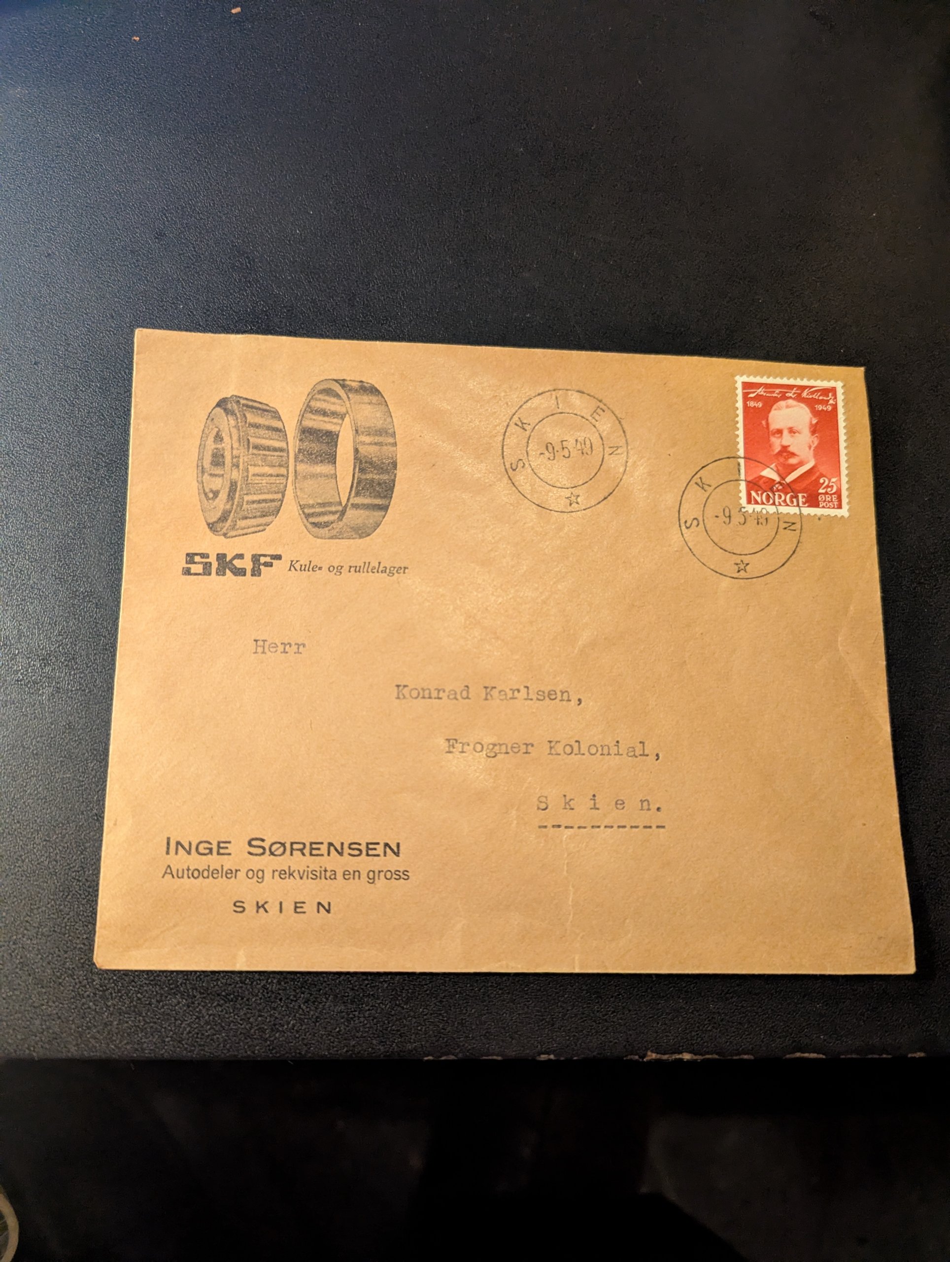 FDC " ALEXANDER KIELLAND" 1949 M/VINGNETT "SKF KULELAGER"