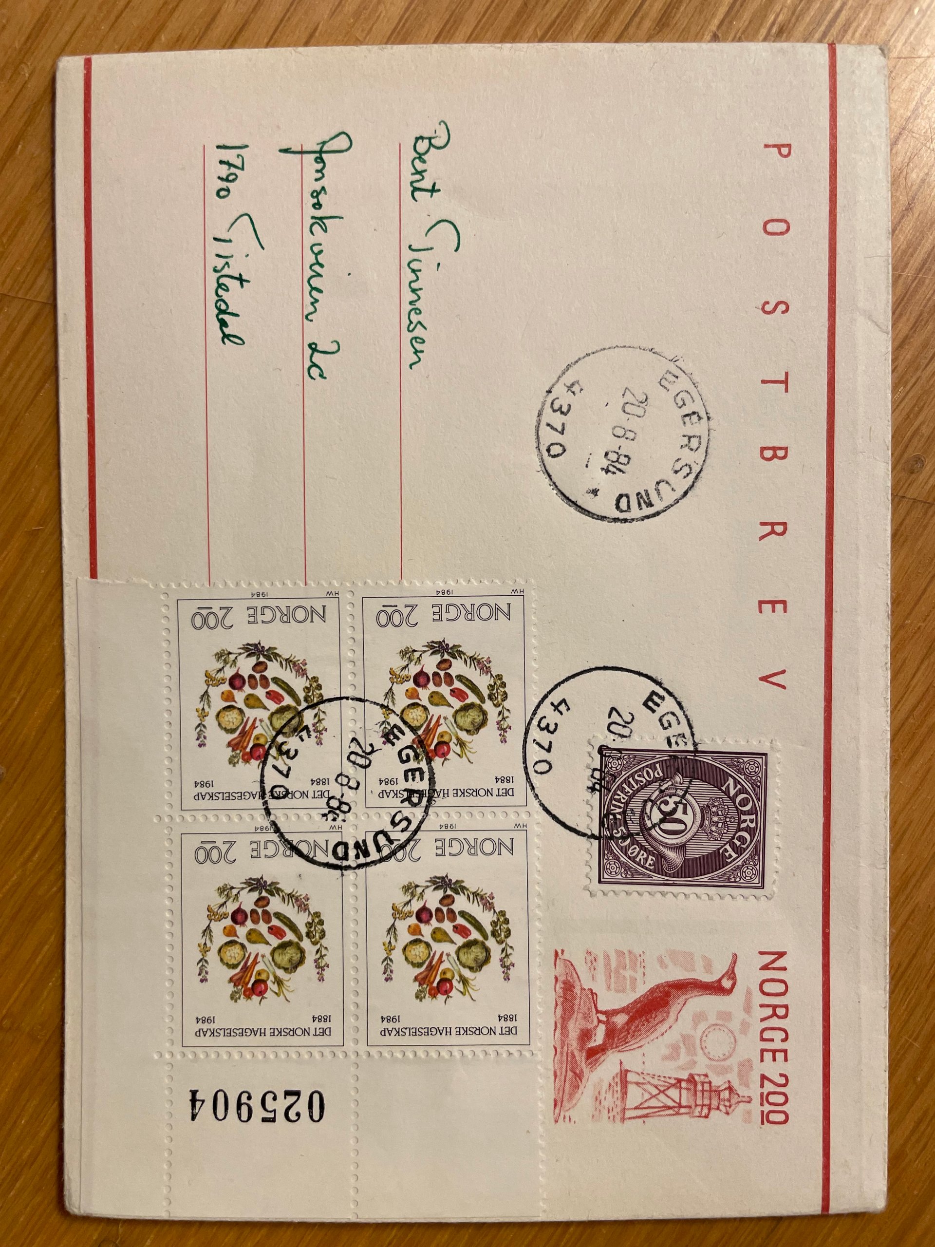 Oppfrankert postbrev stemplet 4370 Egersund 20-8-84