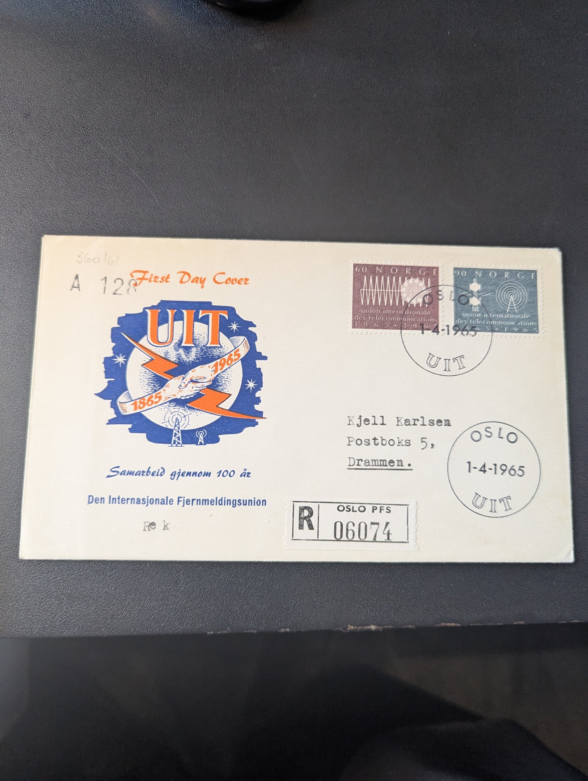 FDC "FJERNMELDINGSUNIONEN" M/VINGNETT OG NUMMER: A 128