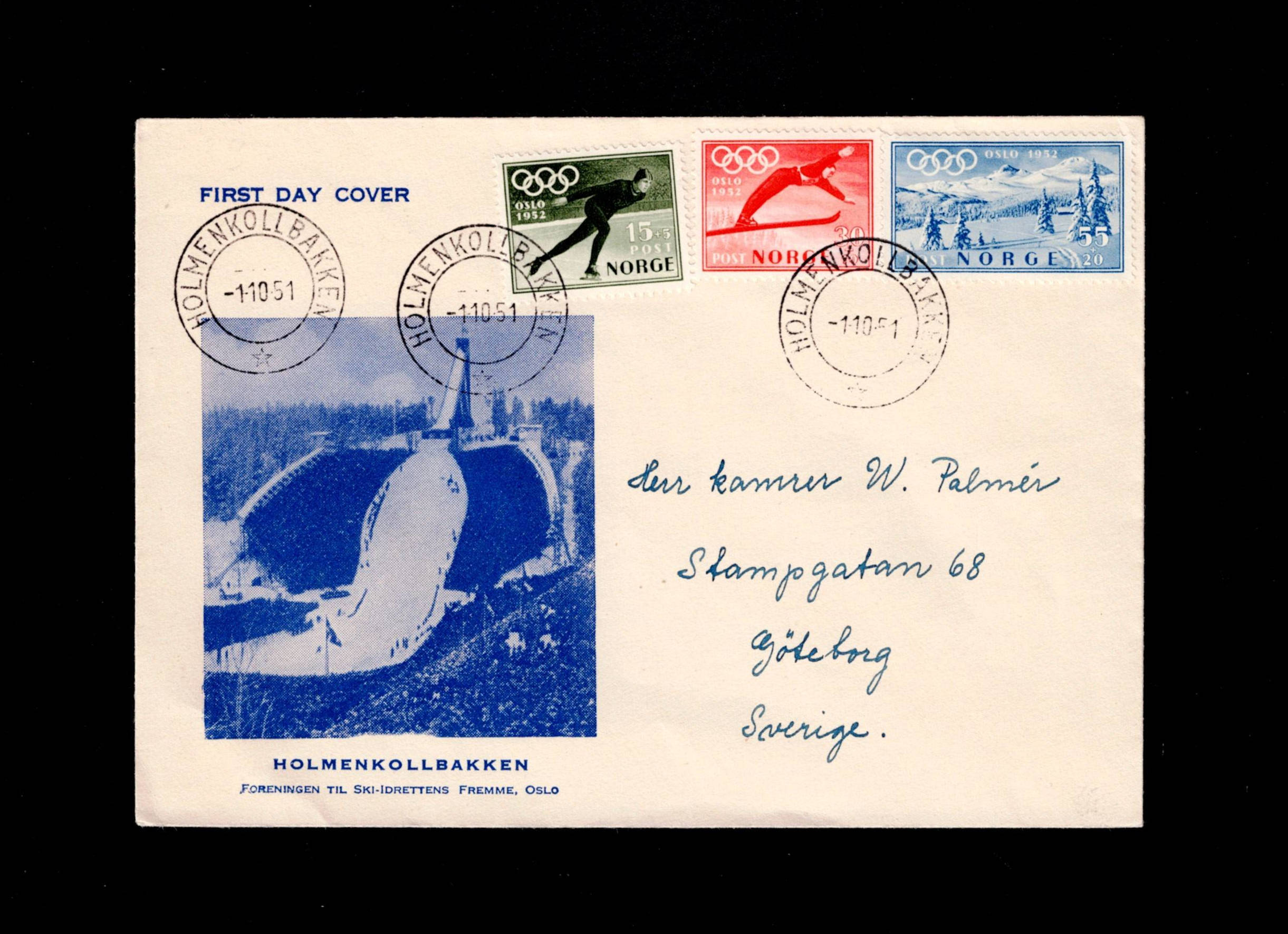 FDC 1951 NK407-409 OL 1952 Holmenkollbakken