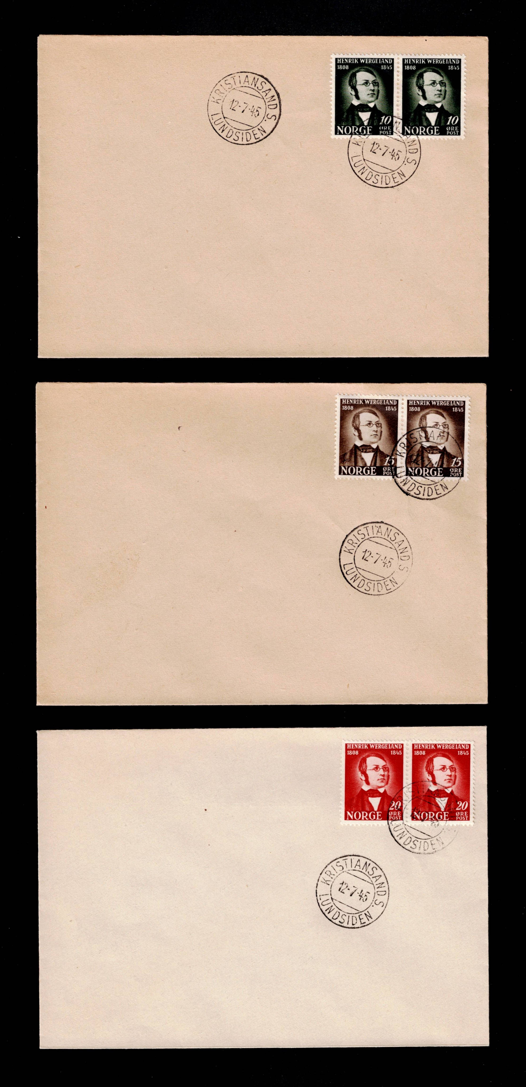 FDC 1945 NK339-341 Kristiansand S på 3 konvolutter