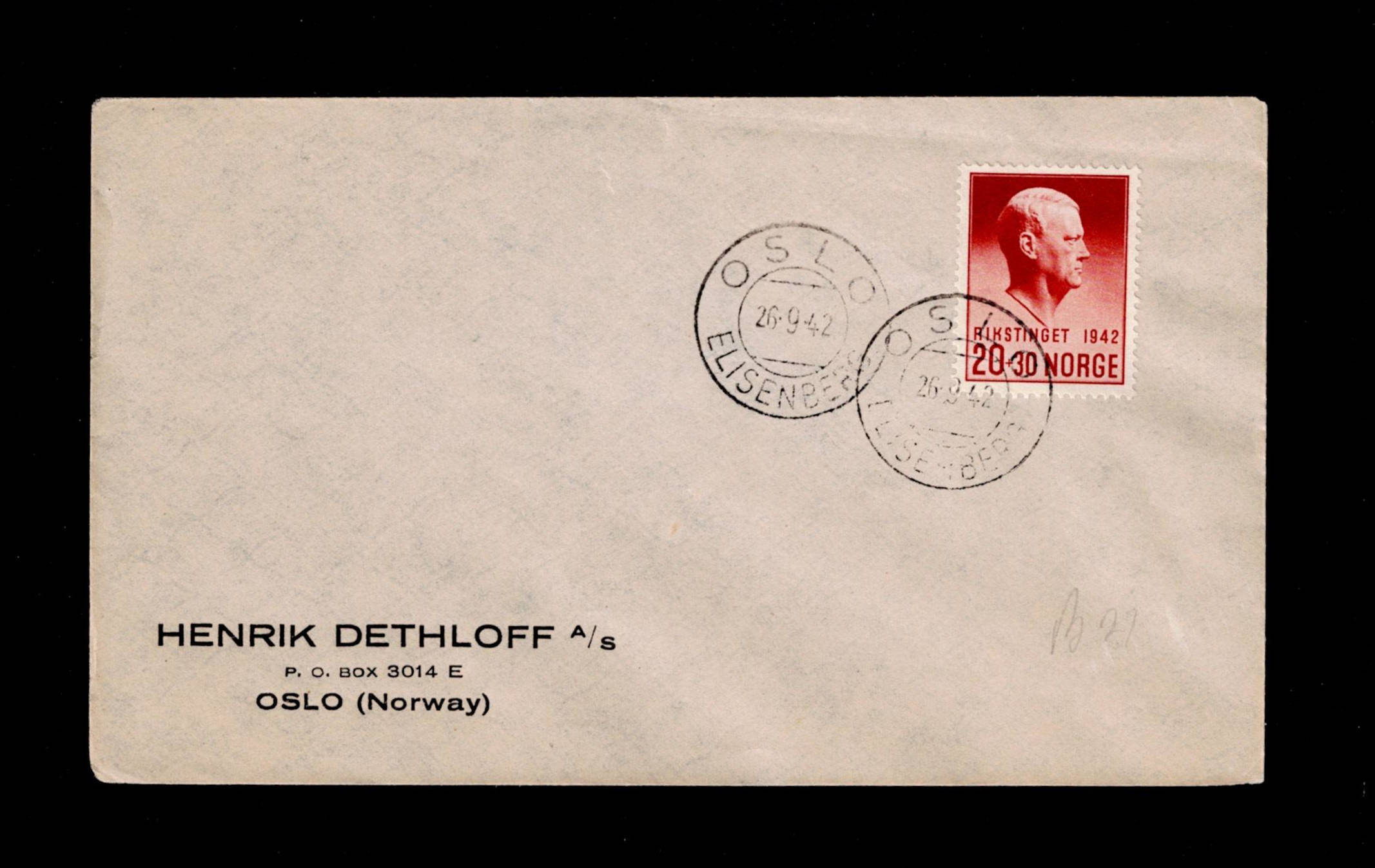 FDC 1942 NK306 Rikstinget på Hentrik Dethloff konvolutt