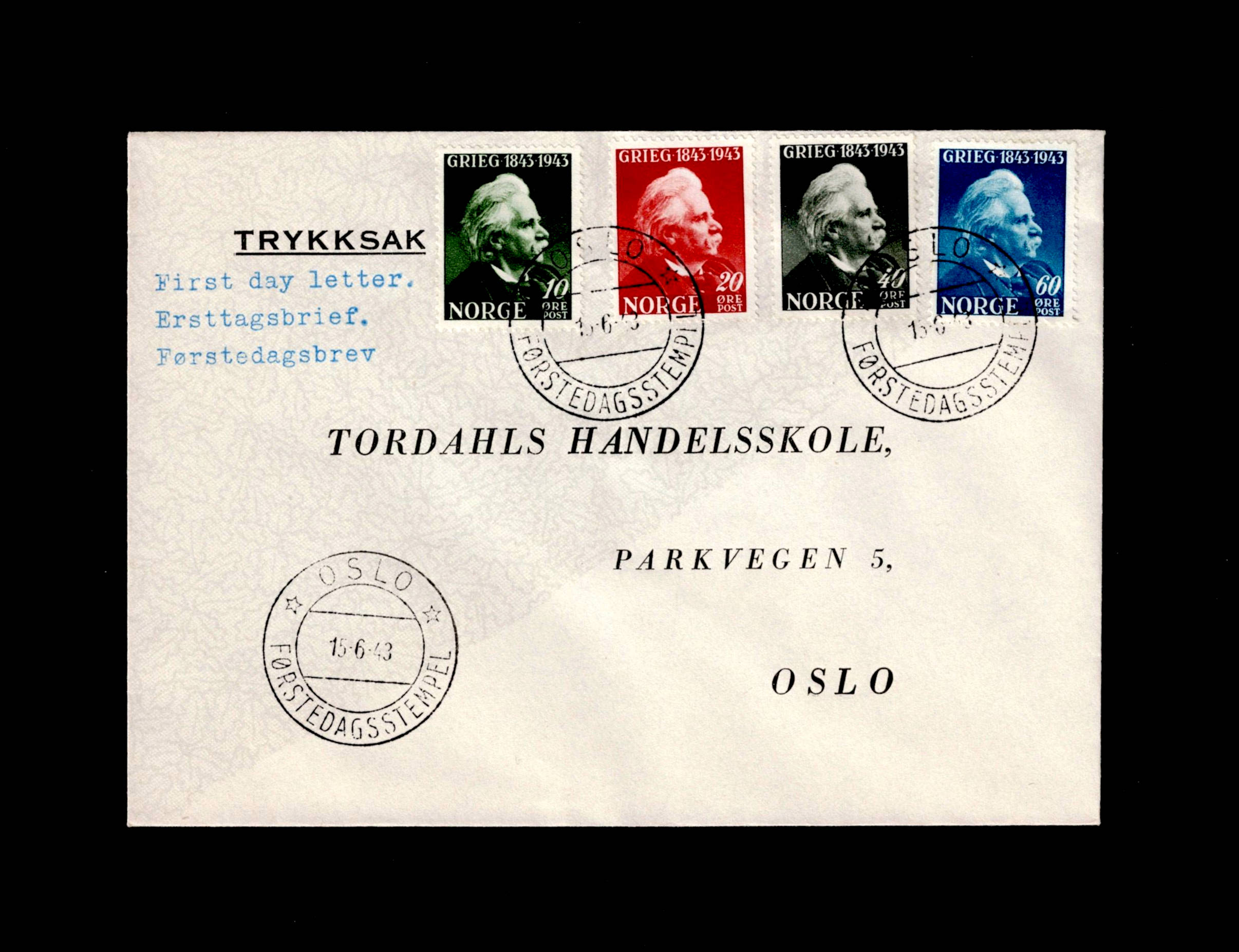FDC 1943 NK314-317 GRIEG på to-farget konvolutt