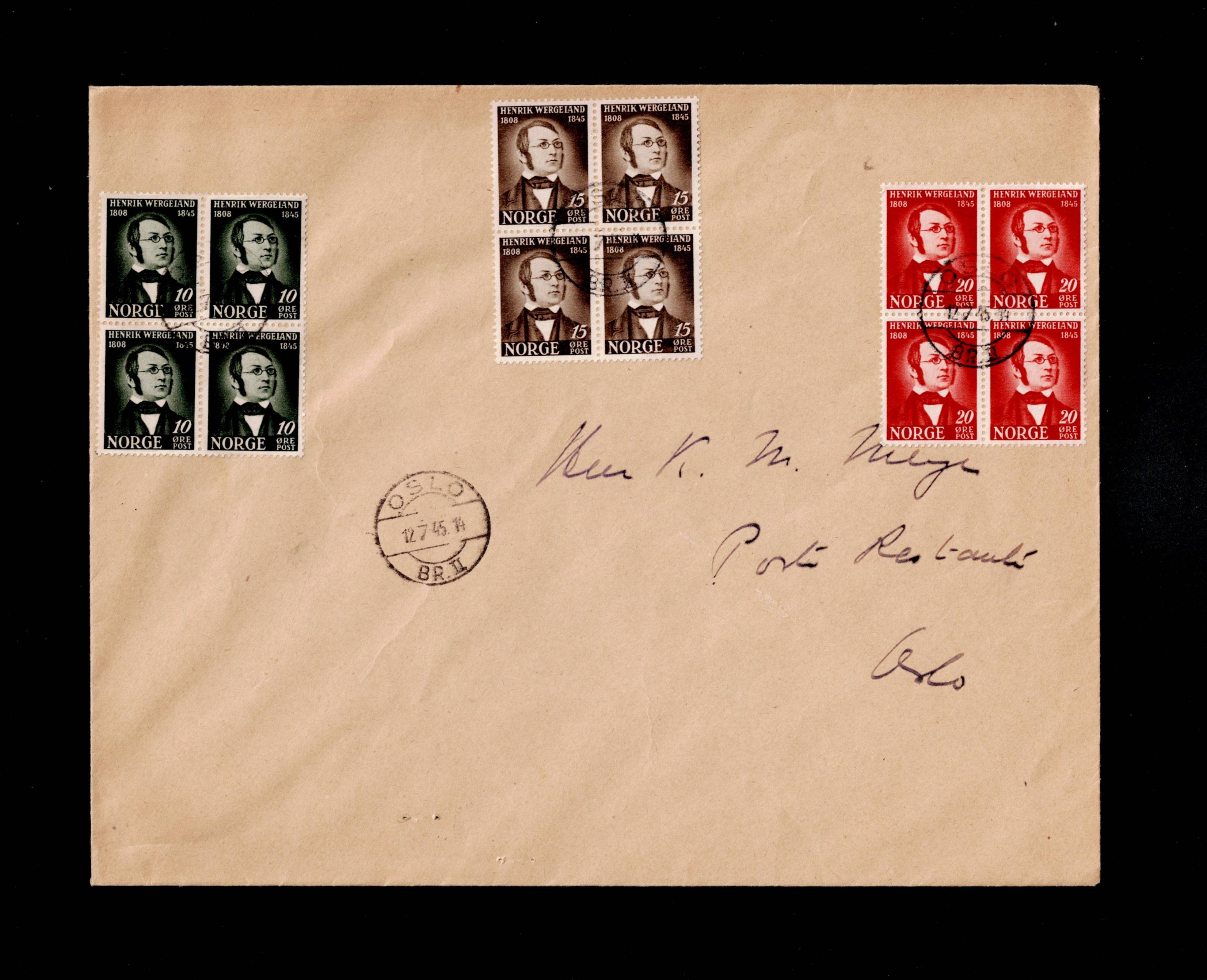 FDC 4-Blokk 1945 NK339-341 Henrik Wergeland