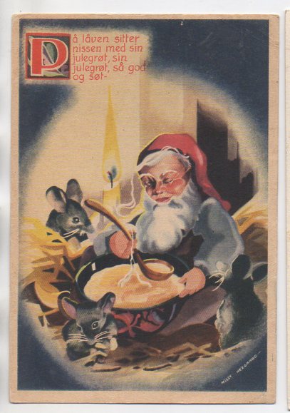 M. Heegaard På låven sitter nissen .. storformat brukt 1948